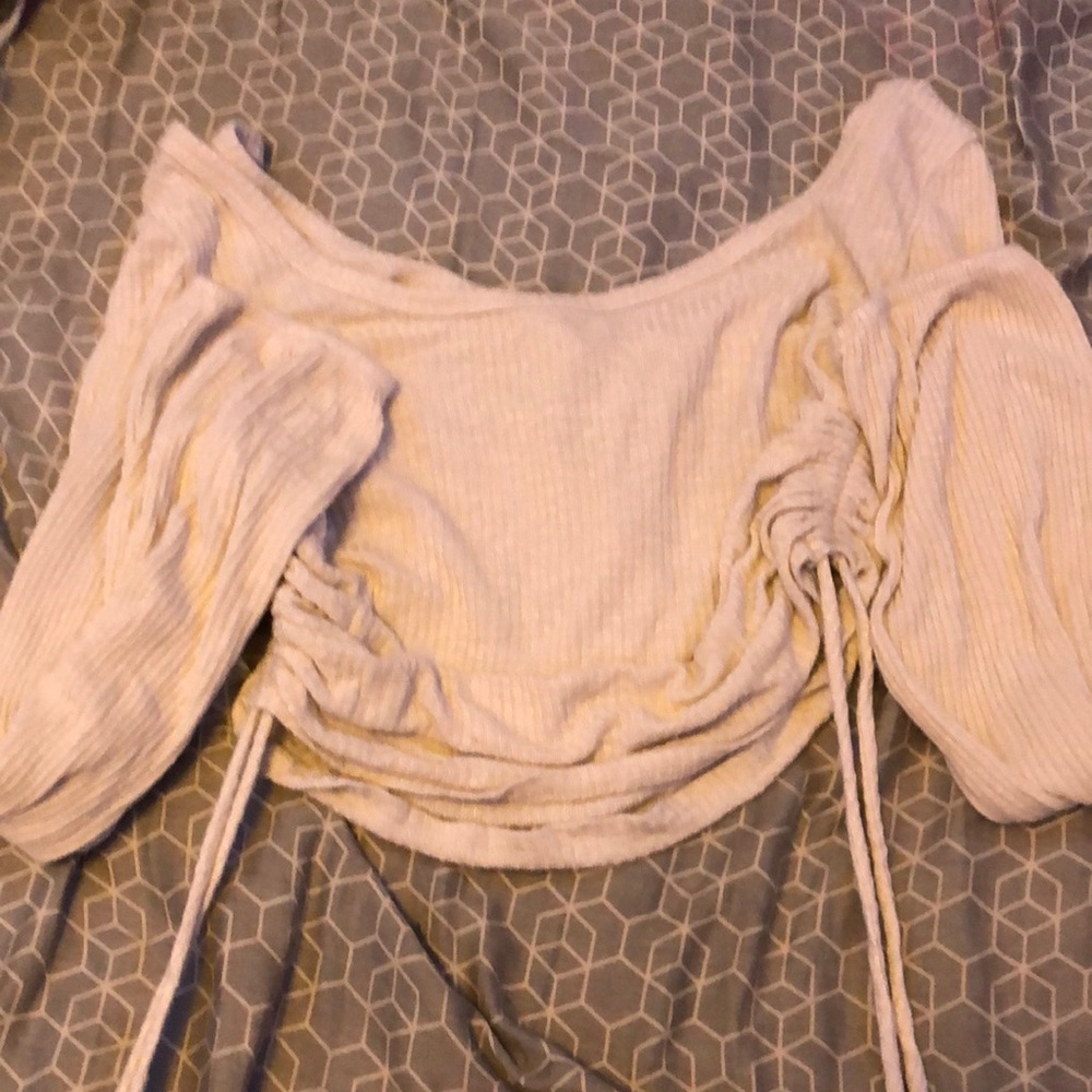 Beige cropped tie off the shoulder top